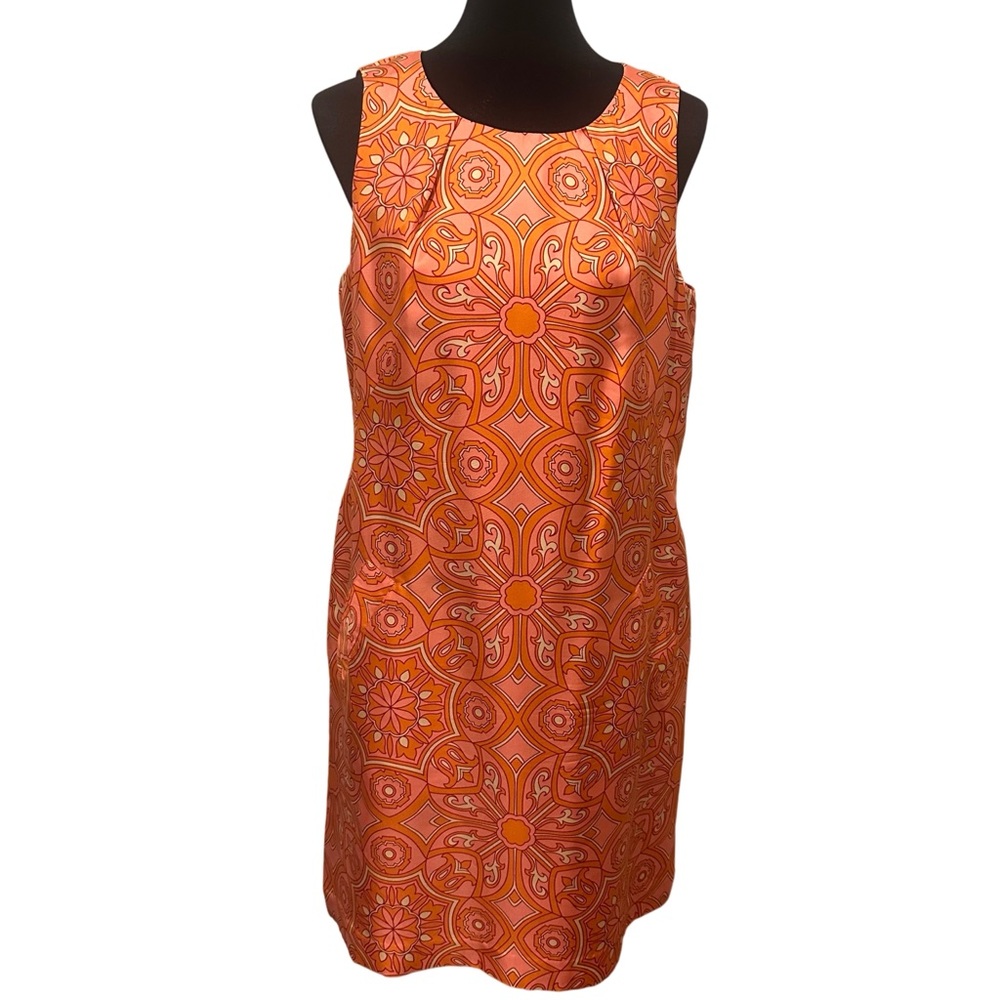 Orange Patterned Sleeveless Dress 100% Pure Silk Talbots Mini Shift Sheath Dress